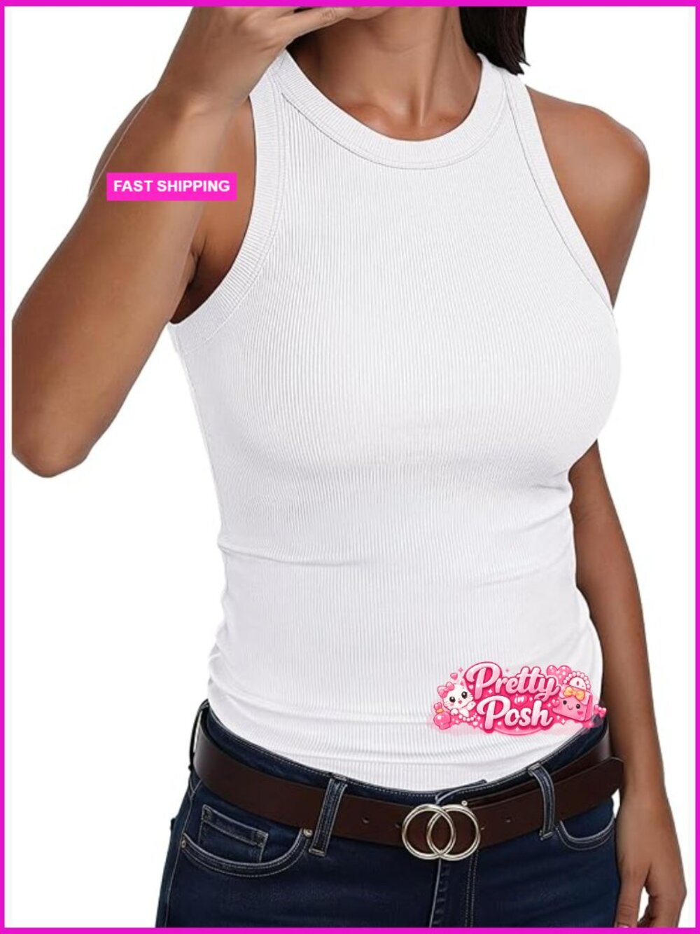Sleeveless Tank Top High Neck Racerback Ribbed Knit Slim Fit Workout Shirt